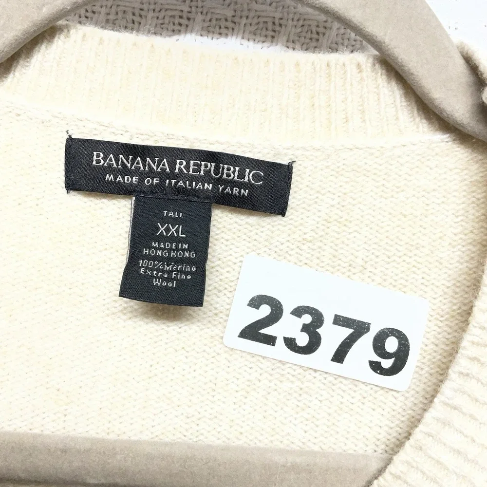 Banana Republic Men's 2XL Tall Cream 100% Merino Wool Crew Neck Pullover Sweater
